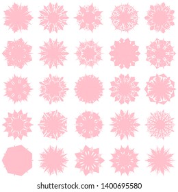 Pink Flowers / Pseudo-Snowflakes on white background. Sharp set of 25 items. 7 (seven) angles. - Vector