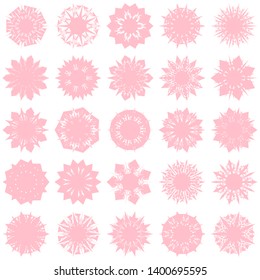 Pink Flowers / Pseudo-Snowflakes on white background. Sharp set of 25 items. 7 (seven) angles. - Vector