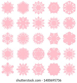 Pink Flowers / Pseudo-Snowflakes on white background. Sharp set of 25 items. 6 (six) angles. - Vector
