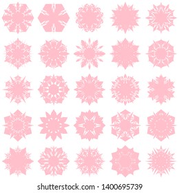 Pink Flowers / Pseudo-Snowflakes on white background. Sharp set of 25 items. 6 (six) angles. - Vector