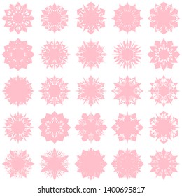 Pink Flowers / Pseudo-Snowflakes on white background. Sharp set of 25 items. 6 (six) angles. - Vector