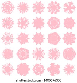 Pink Flowers / Pseudo-Snowflakes on white background. Sharp set of 25 items. 5 (five) angles. - Vector