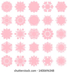 Pink Flowers / Pseudo-Snowflakes on white background. Sharp set of 25 items. 6 (six) angles. - Vector