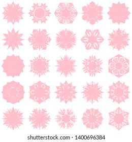 Pink Flowers / Pseudo-Snowflakes on white background. Sharp set of 25 items. 6 (six) angles. - Vector