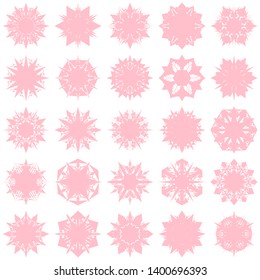 Pink Flowers / Pseudo-Snowflakes on white background. Sharp set of 25 items. 6 (six) angles. - Vector