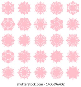 Pink Flowers / Pseudo-Snowflakes on white background. Sharp set of 25 items. 6 (six) angles. - Vector