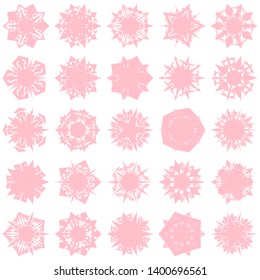 Pink Flowers / Pseudo-Snowflakes on white background. Sharp set of 25 items. 5 (five) angles. - Vector