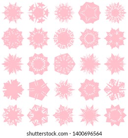 Pink Flowers / Pseudo-Snowflakes on white background. Sharp set of 25 items. 5 (five) angles. - Vector