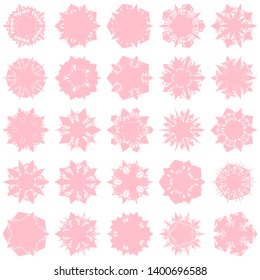 Pink Flowers / Pseudo-Snowflakes on white background. Sharp set of 25 items. 5 (five) angles. - Vector