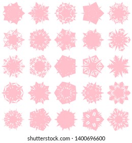 Pink Flowers / Pseudo-Snowflakes on white background. Sharp set of 25 items. 5 (five) angles. - Vector