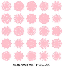 Pink Flowers / Pseudo-Snowflakes on white background. Sharp set of 25 items. 5 (five) angles. - Vector