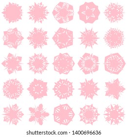 Pink Flowers / Pseudo-Snowflakes on white background. Sharp set of 25 items. 5 (five) angles. - Vector
