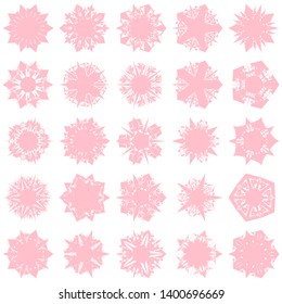 Pink Flowers / Pseudo-Snowflakes on white background. Sharp set of 25 items. 5 (five) angles. - Vector