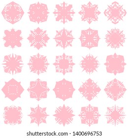 Pink Flowers / Pseudo-Snowflakes on white background. Sharp set of 25 items. 4 (four) angles. - Vector