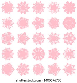 Pink Flowers / Pseudo-Snowflakes on white background. Sharp set of 25 items. 5 (five) angles. - Vector