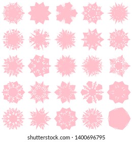 Pink Flowers / Pseudo-Snowflakes on white background. Sharp set of 25 items. 5 (five) angles. - Vector