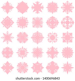 Pink Flowers / Pseudo-Snowflakes on white background. Sharp set of 25 items. 4 (four) angles. - Vector