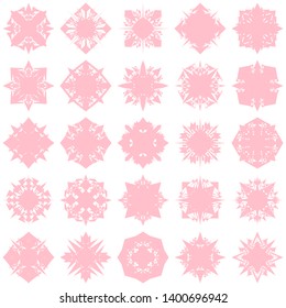 Pink Flowers / Pseudo-Snowflakes on white background. Sharp set of 25 items. 4 (four) angles. - Vector