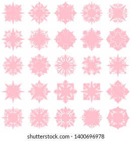 Pink Flowers / Pseudo-Snowflakes on white background. Sharp set of 25 items. 4 (four) angles. - Vector