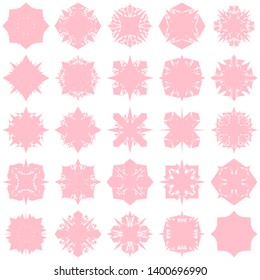 Pink Flowers / Pseudo-Snowflakes on white background. Sharp set of 25 items. 4 (four) angles. - Vector