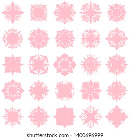 Pink Flowers / Pseudo-Snowflakes on white background. Sharp set of 25 items. 4 (four) angles. - Vector