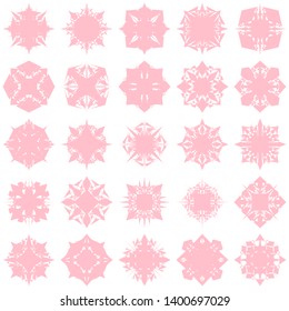 Pink Flowers / Pseudo-Snowflakes on white background. Sharp set of 25 items. 4 (four) angles. - Vector