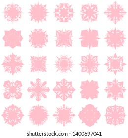 Pink Flowers / Pseudo-Snowflakes on white background. Sharp set of 25 items. 4 (four) angles. - Vector