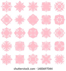 Pink Flowers / Pseudo-Snowflakes on white background. Sharp set of 25 items. 4 (four) angles. - Vector