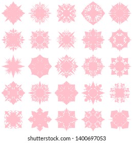 Pink Flowers / Pseudo-Snowflakes on white background. Sharp set of 25 items. 4 (four) angles. - Vector