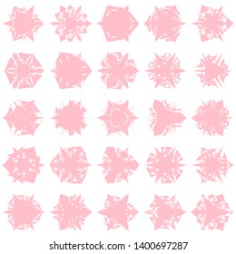 Pink Flowers / Pseudo-Snowflakes on white background. Sharp set of 25 items. 3 (three) angles. - Vector