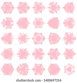Pink Flowers / Pseudo-Snowflakes on white background. Sharp set of 25 items. 3 (three) angles. - Vector