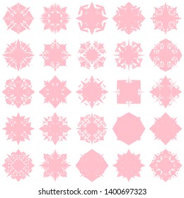Pink Flowers / Pseudo-Snowflakes on white background. Sharp set of 25 items. 4 (four) angles. - Vector