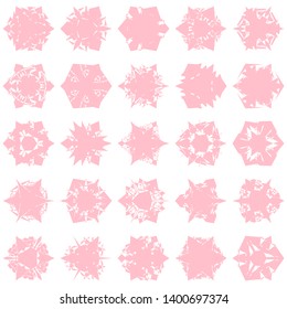 Pink Flowers / Pseudo-Snowflakes on white background. Sharp set of 25 items. 3 (three) angles. - Vector