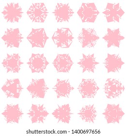 Pink Flowers / Pseudo-Snowflakes on white background. Sharp set of 25 items. 3 (three) angles. - Vector