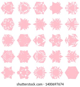 Pink Flowers / Pseudo-Snowflakes on white background. Sharp set of 25 items. 3 (three) angles. - Vector