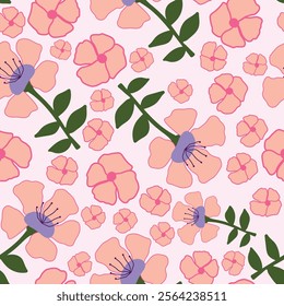 pink flowers with purple center, cute viscous flowing summer season seamless pattern. pink floral seamless pattern. It is good for fabric, textile, packaging, print, clothing and more.
