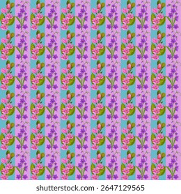 Pink flowers, purple flowers, floral pattern, striped background, vertical stripes