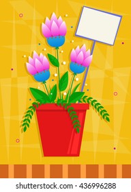 Pink Flowers - Pink flowers in red pot in front of a yellow decorative background. Eps10