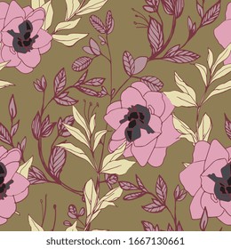 Pink flowers of roses and peonies with leaves and petals on a sage tan brown color background. Seamless pattern. Vector illustration with hand-drawn plants.
