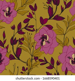 Pink flowers of roses and peonies with leaves and petals on a dark tan color background. Seamless pattern. Vector illustration with hand-drawn plants.