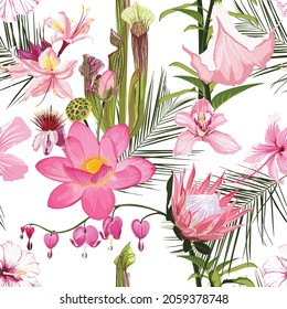 Pink flowers. Seamless floral pattern with many kind of pink glossy flowers and palm leaves. Tropical pattern on a white background. 
