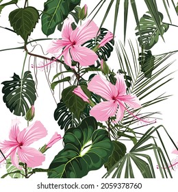 Pink flowers. Seamless floral pattern with many kind of pink glossy flowers and palm leaves. Tropical pattern on a white background. 