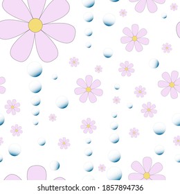
Pink flowers seamless pattern with drops on a white background.
