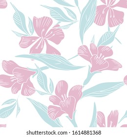 Pink Flowers Seamless Pattern. Hand Drawn Vector Background.
