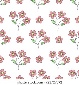 Pink flowers seamless pattern on white background.