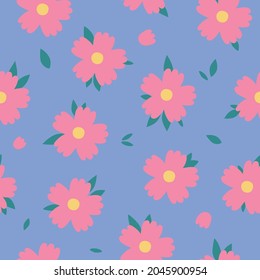 Pink flowers seamless pattern. Vector hand drawn cartoon style floral illustration for fabric, wallpaper, textile 