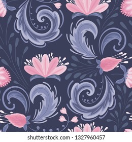 Pink flowers seamless pattern. Violet botanical background. Nature fabric print
