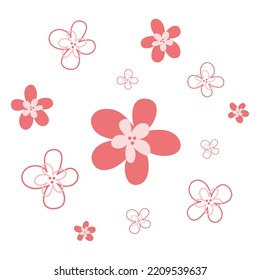 Pink flowers set. Hand drawn nature art. Cute vector illustration isolated on white background.