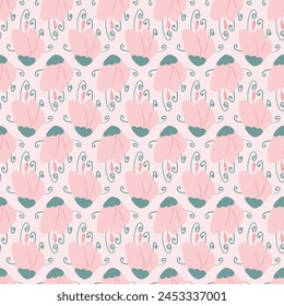 Pink flowers simple seamless pattern. Floral endless background. Flowerbud repeat cover. Vector flat hand drawn illustration.