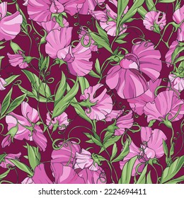 pink flowers sweet pea on a red background, floral seamless pattern.